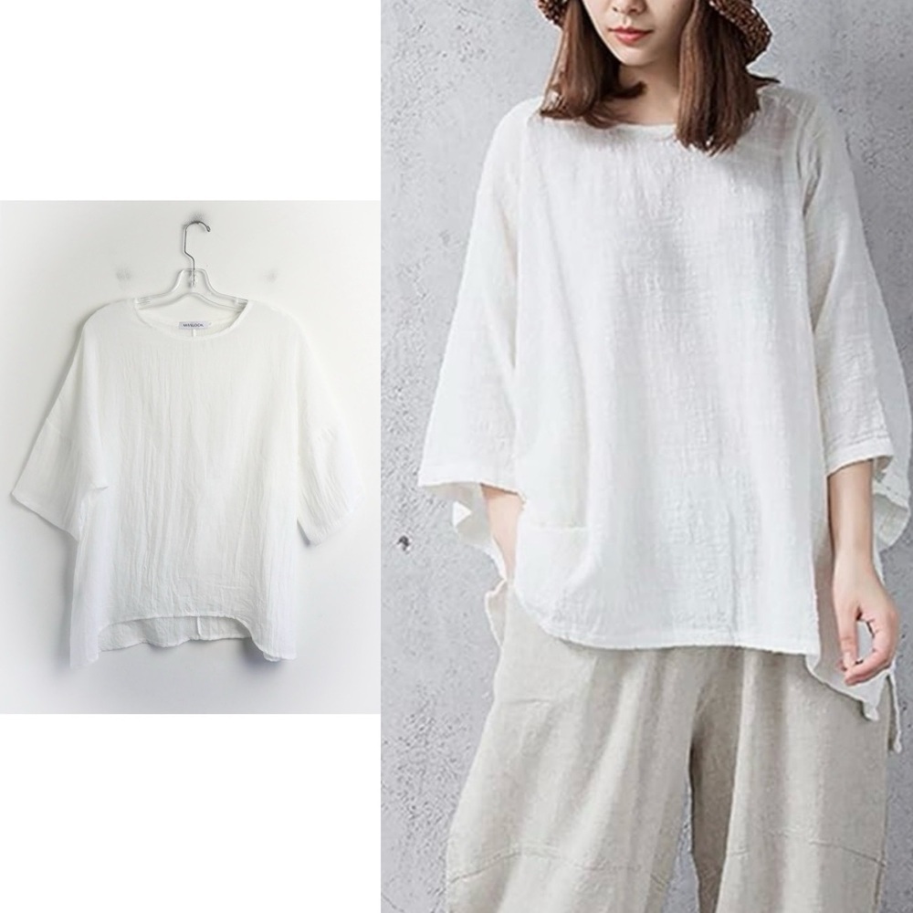 White lagenlook women loose fit top oversized tee S Misslook gauzy cotton sheer - Picture 1 of 10